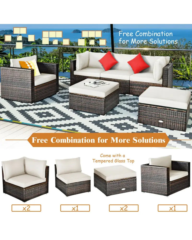 6 Pieces Patio Rattan Furniture Set with Sectional Cushion-White - White - Outdoor Sectionals