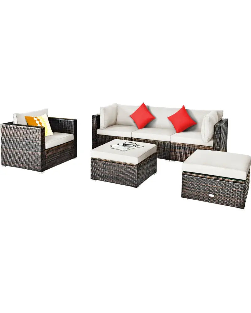6 Pieces Patio Rattan Furniture Set with Sectional Cushion-White - White - Outdoor Sectionals