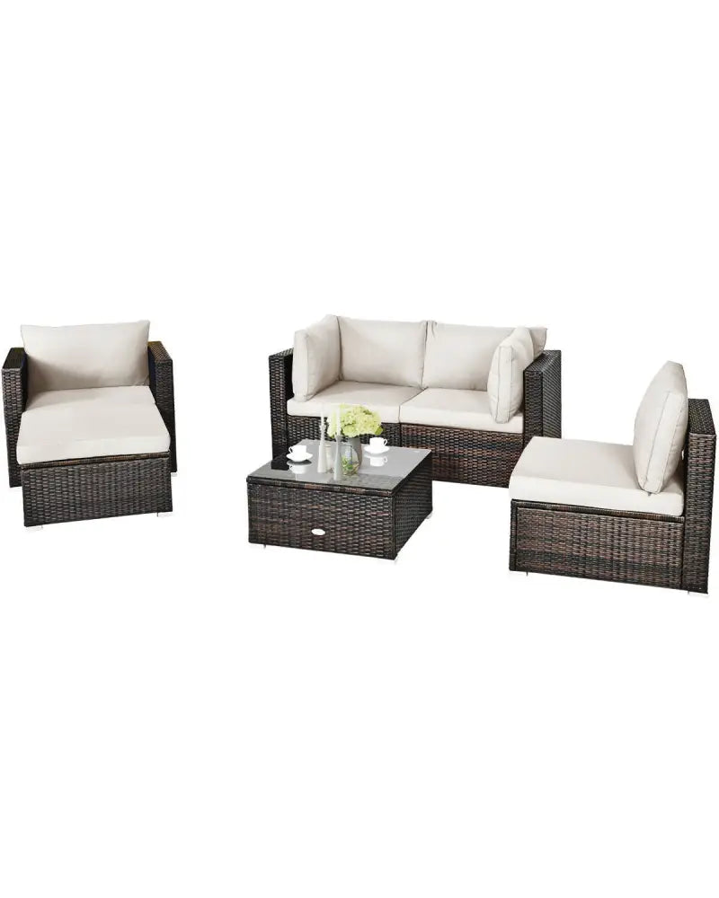6 Pieces Patio Rattan Furniture Set with Sectional Cushion-White - White - Outdoor Sectionals