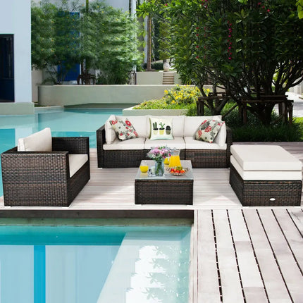 6 Pieces Patio Rattan Furniture Set with Sectional Cushion-White - White - Outdoor Sectionals