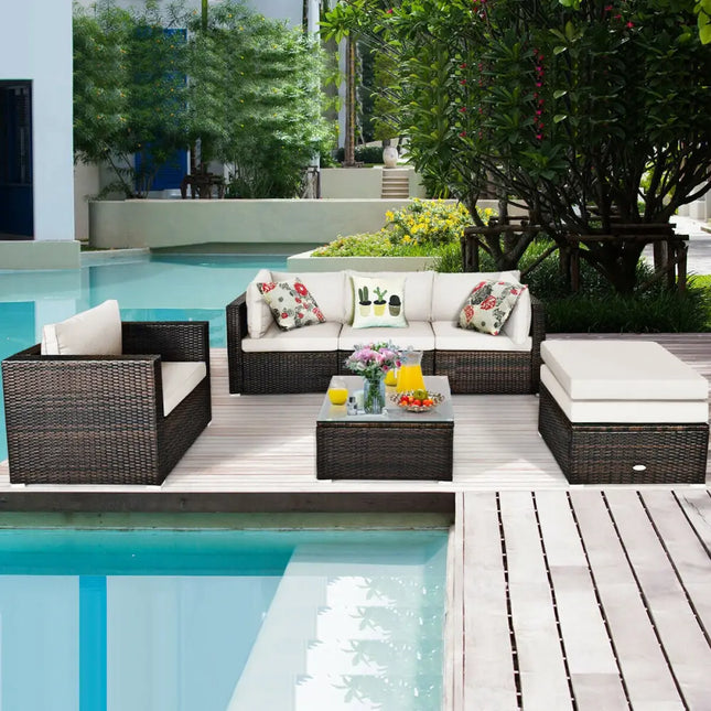 6 Pieces Patio Rattan Furniture Set with Sectional Cushion-White - White - Outdoor Sectionals