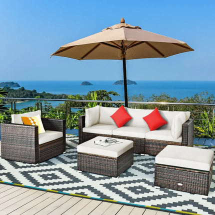 6 Pieces Patio Rattan Furniture Set with Sectional Cushion-White - White - Outdoor Sectionals