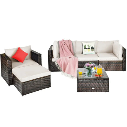 6 Pieces Patio Rattan Furniture Set with Sectional Cushion-White - White - Outdoor Sectionals