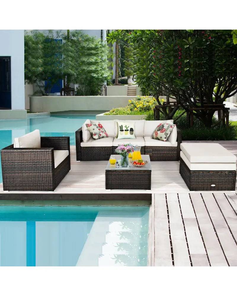 6 Pieces Patio Rattan Furniture Set with Sectional Cushion-White - White - Outdoor Sectionals