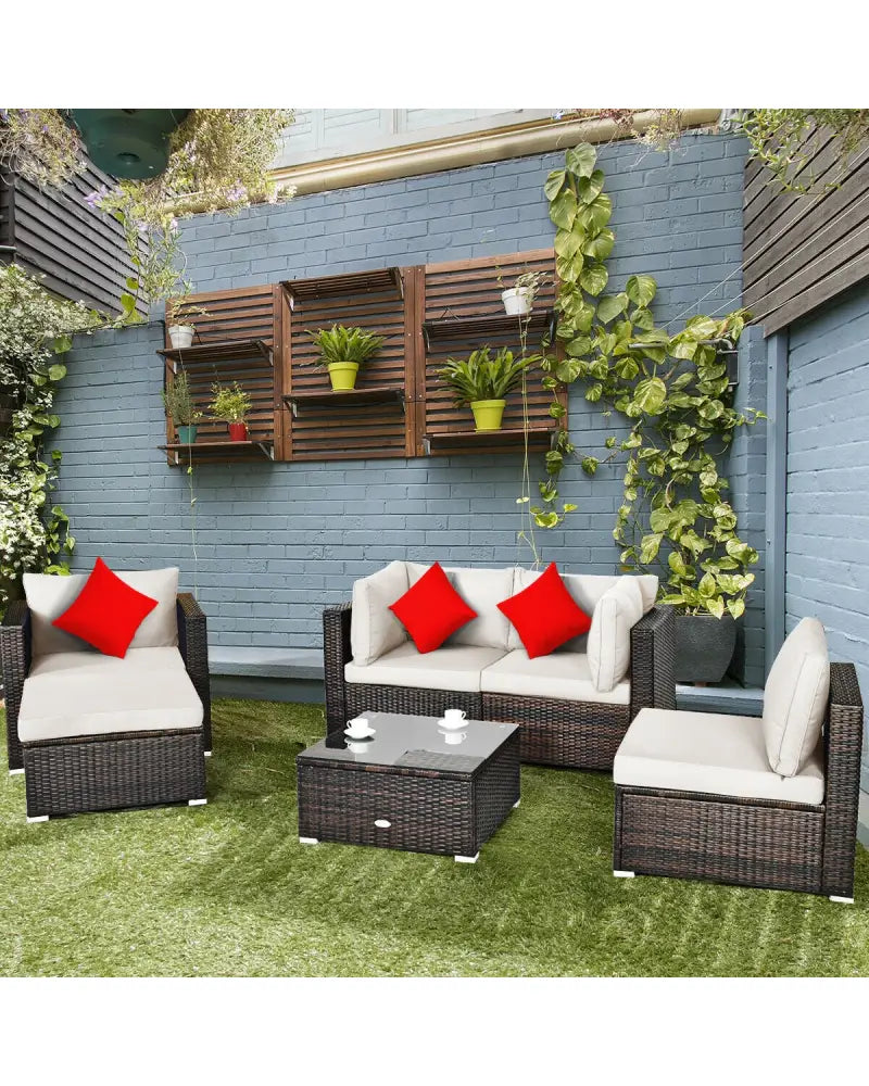 6 Pieces Patio Rattan Furniture Set with Sectional Cushion-White - White - Outdoor Sectionals