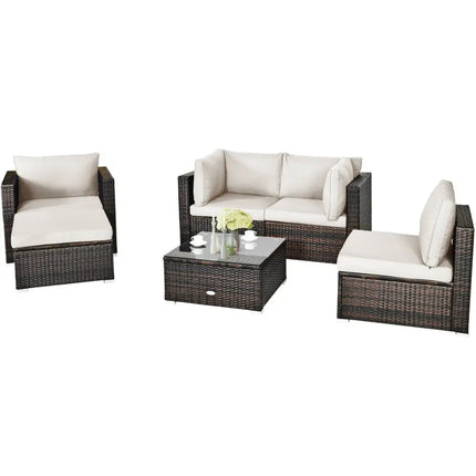 6 Pieces Patio Rattan Furniture Set with Sectional Cushion-White - White - Outdoor Sectionals