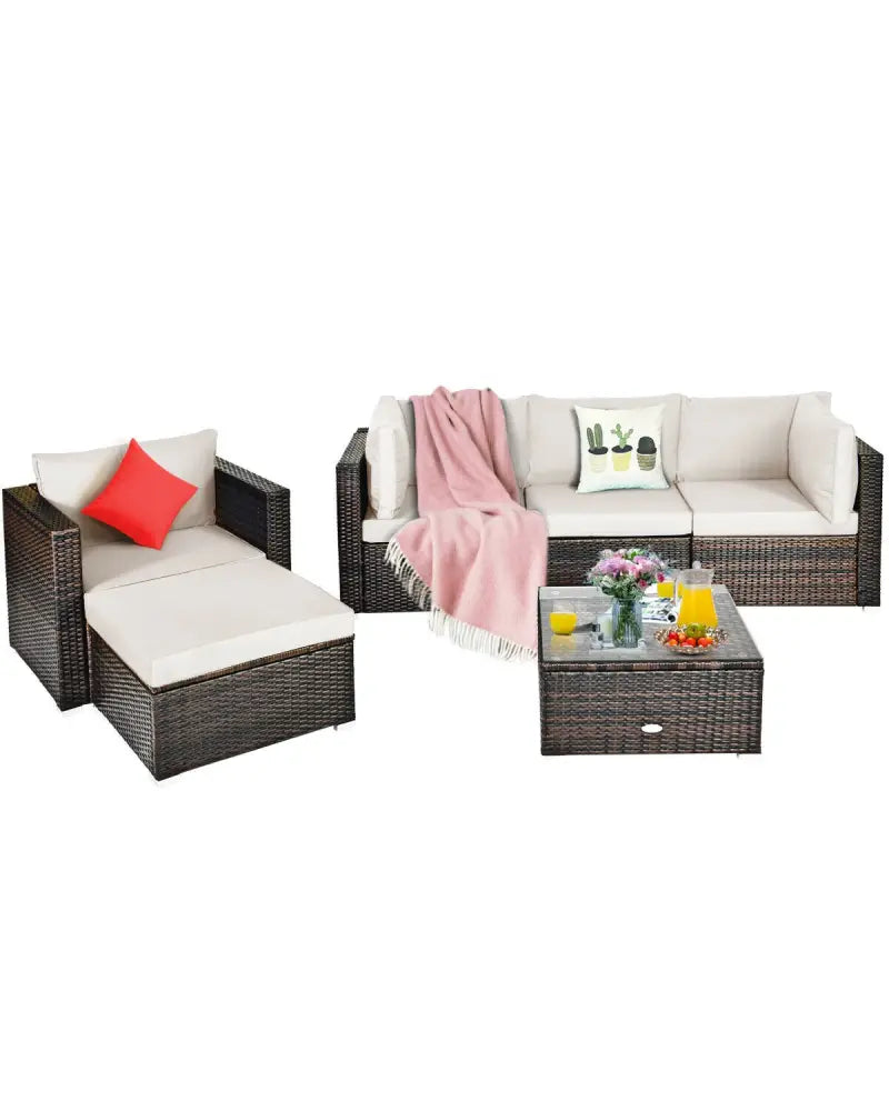 6 Pieces Patio Rattan Furniture Set with Sectional Cushion-White - White - Outdoor Sectionals