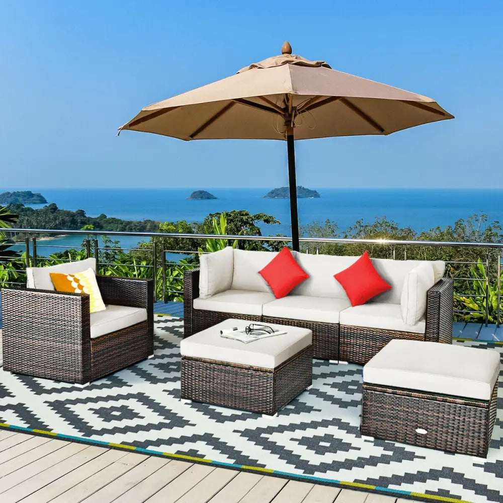 6 Pieces Patio Rattan Furniture Set with Sectional Cushion-White - White - Outdoor Sectionals