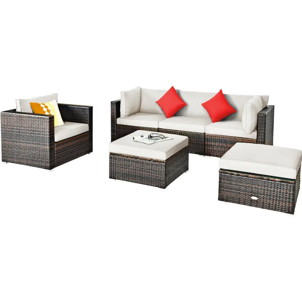 6 Pieces Patio Rattan Furniture Set with Sectional Cushion-White - White - Outdoor Sectionals