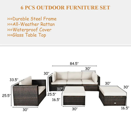 6 Pieces Patio Rattan Furniture Set with Sectional Cushion-White - White - Outdoor Sectionals
