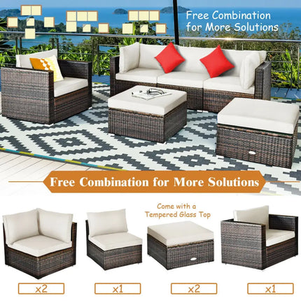 6 Pieces Patio Rattan Furniture Set with Sectional Cushion-White - White - Outdoor Sectionals