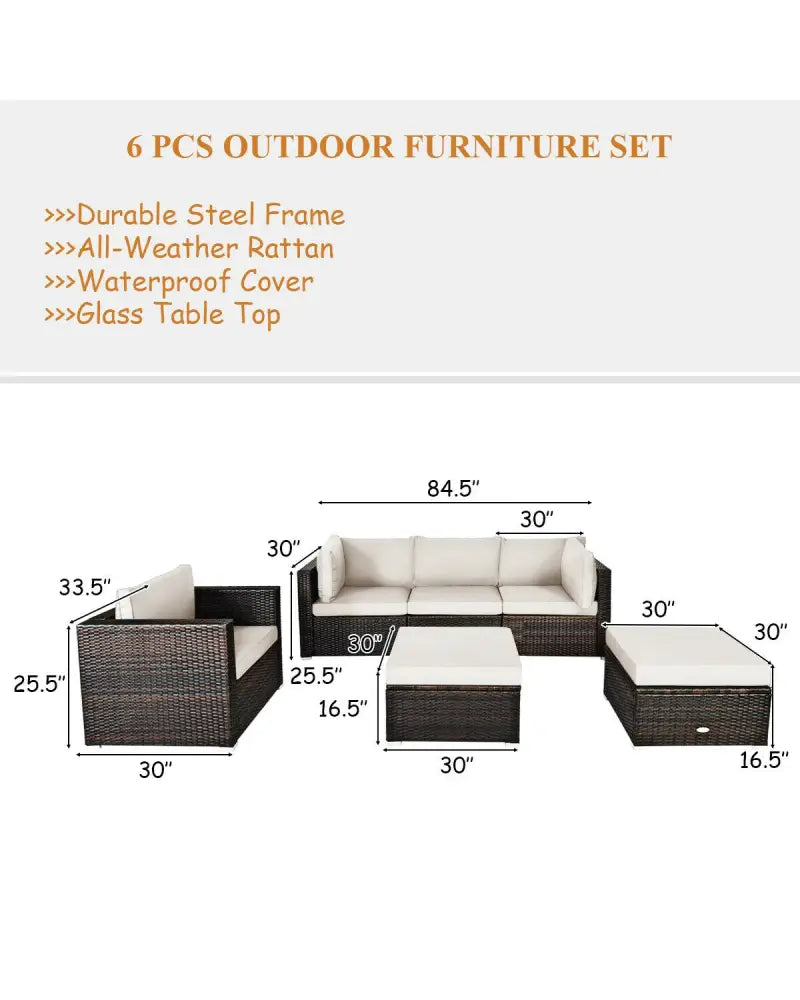 6 Pieces Patio Rattan Furniture Set with Sectional Cushion-White - White - Outdoor Sectionals