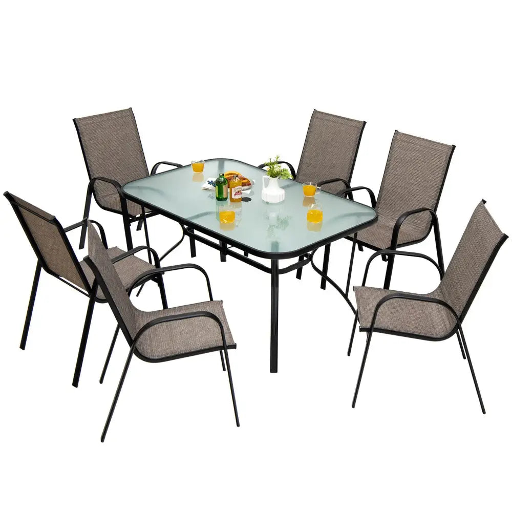 6 Pieces Patio Stackable Dining Chairs with Curved Armrests and Breathable Fabric - Brown - Patio Dining Chairs