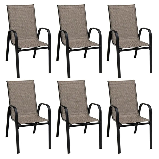 6 Pieces Patio Stackable Dining Chairs with Curved Armrests and Breathable Fabric - Brown - Patio Dining Chairs