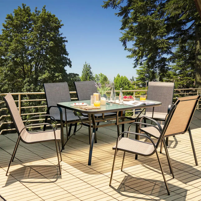 6 Pieces Patio Stackable Dining Chairs with Curved Armrests and Breathable Fabric - Brown - Patio Dining Chairs