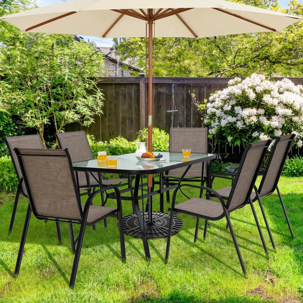 6 Pieces Patio Stackable Dining Chairs with Curved Armrests and Breathable Fabric - Brown - Patio Dining Chairs
