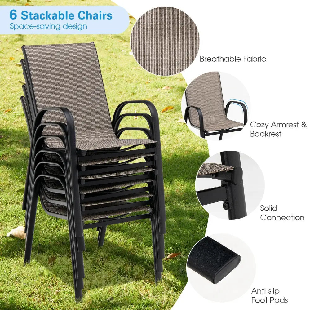 6 Pieces Patio Stackable Dining Chairs with Curved Armrests and Breathable Fabric - Brown - Patio Dining Chairs