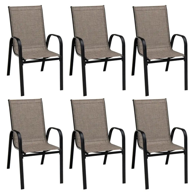 6 Pieces Patio Stackable Dining Chairs with Curved Armrests and Breathable Fabric - Brown - Patio Dining Chairs