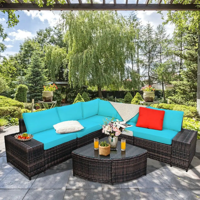 6 Pieces Rattan Furniture Cushioned Sofa Set-Turquoise - Turquoise - Outdoor Sectionals
