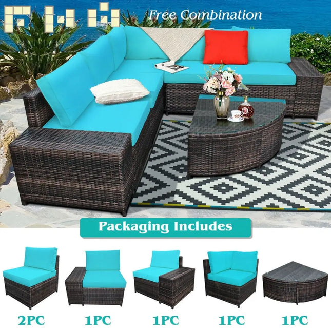 6 Pieces Rattan Furniture Cushioned Sofa Set-Turquoise - Turquoise - Outdoor Sectionals
