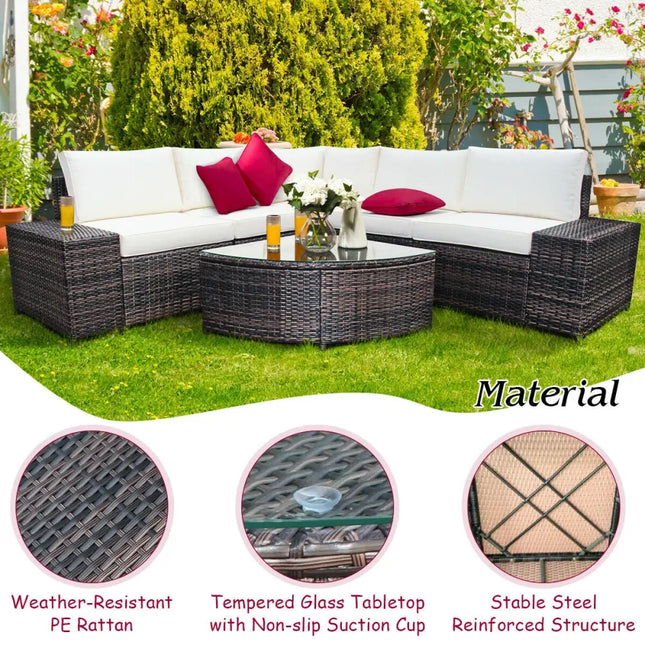 6 Pieces Rattan Furniture Cushioned Sofa Set-White - White - Outdoor Sectionals