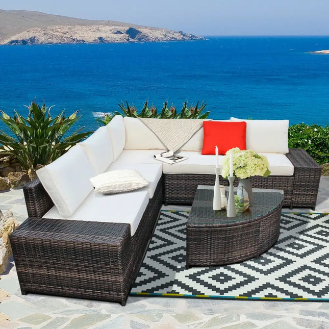 6 Pieces Rattan Furniture Cushioned Sofa Set-White - White - Outdoor Sectionals
