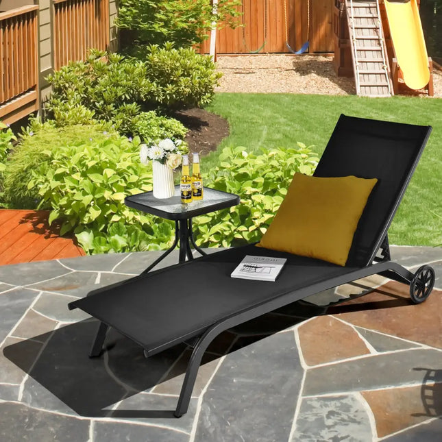 6-Poisition Adjustable Outdoor Chaise Recliner with Wheels-Black - Black - Outdoor Chaise Lounges