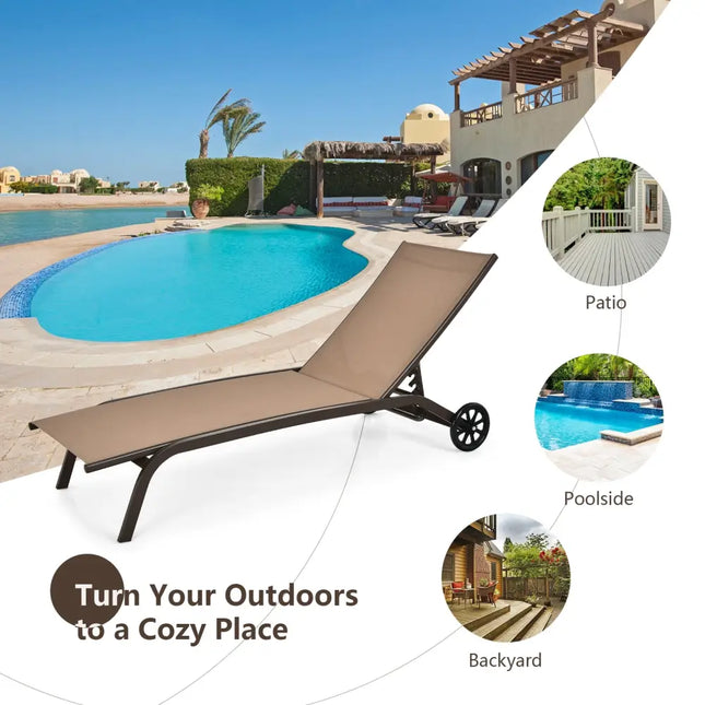 6-Poisition Adjustable Outdoor Chaise Recliner with Wheels-Brown - Brown - Outdoor Chaise Lounges