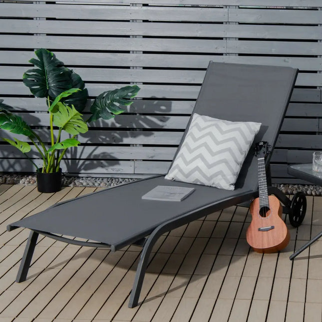 6-Poisition Adjustable Outdoor Chaise Recliner with Wheels-Gray - Gray - Outdoor Chaise Lounges