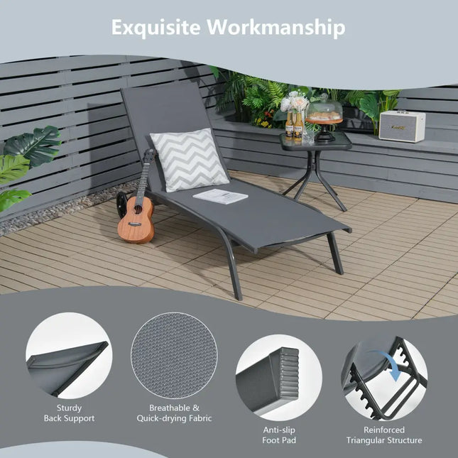 6-Poisition Adjustable Outdoor Chaise Recliner with Wheels-Gray - Gray - Outdoor Chaise Lounges