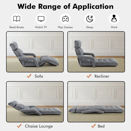 6-Position Adjustable Floor Chair with Adjustable Armrests and Footrest-Gray - Gray - Floor Chairs