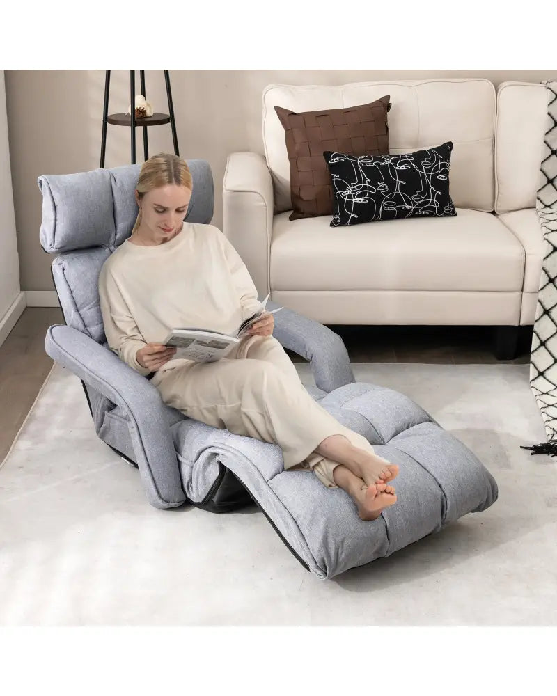 6-Position Adjustable Floor Chair with Adjustable Armrests and Footrest-Gray - Gray - Floor Chairs