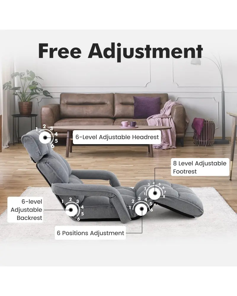 6-Position Adjustable Floor Chair with Adjustable Armrests and Footrest-Gray - Gray - Floor Chairs