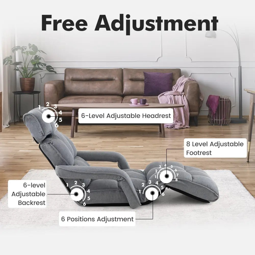 6-Position Adjustable Floor Chair with Adjustable Armrests and Footrest-Gray - Gray - Floor Chairs