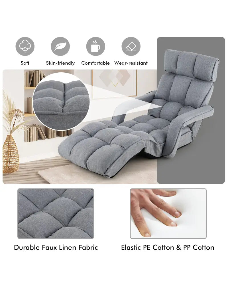 6-Position Adjustable Floor Chair with Adjustable Armrests and Footrest-Gray - Gray - Floor Chairs