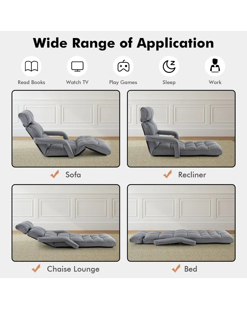 6-Position Adjustable Floor Chair with Adjustable Armrests and Footrest-Gray - Gray - Floor Chairs