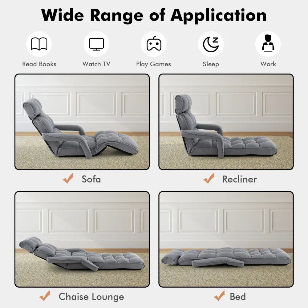 6-Position Adjustable Floor Chair with Adjustable Armrests and Footrest-Gray - Gray - Floor Chairs