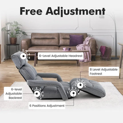 6-Position Adjustable Floor Chair with Adjustable Armrests and Footrest-Gray - Gray - Floor Chairs