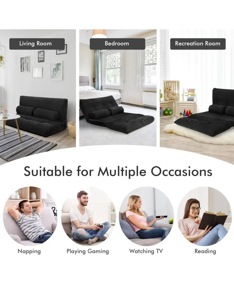 6-Position Adjustable Sleeper Lounge Couch with 2 Pillows-Black - Black - Floor Chairs