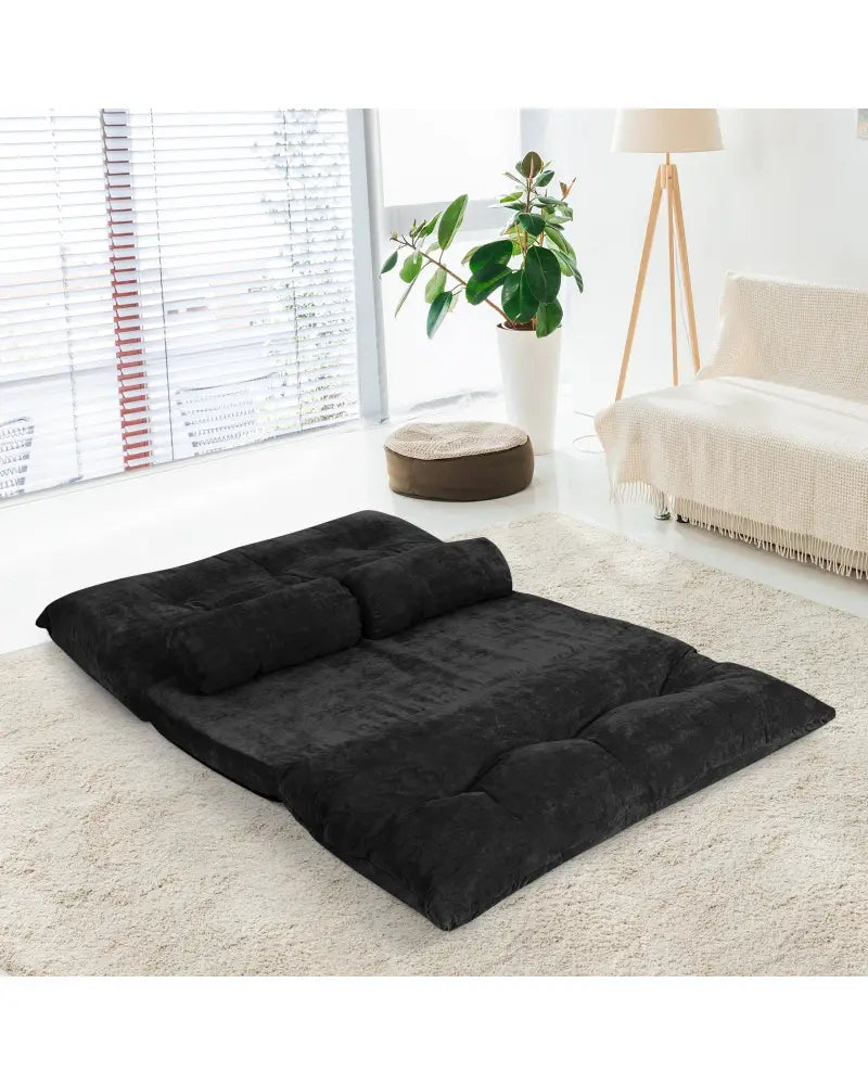 6-Position Adjustable Sleeper Lounge Couch with 2 Pillows-Black - Black - Floor Chairs