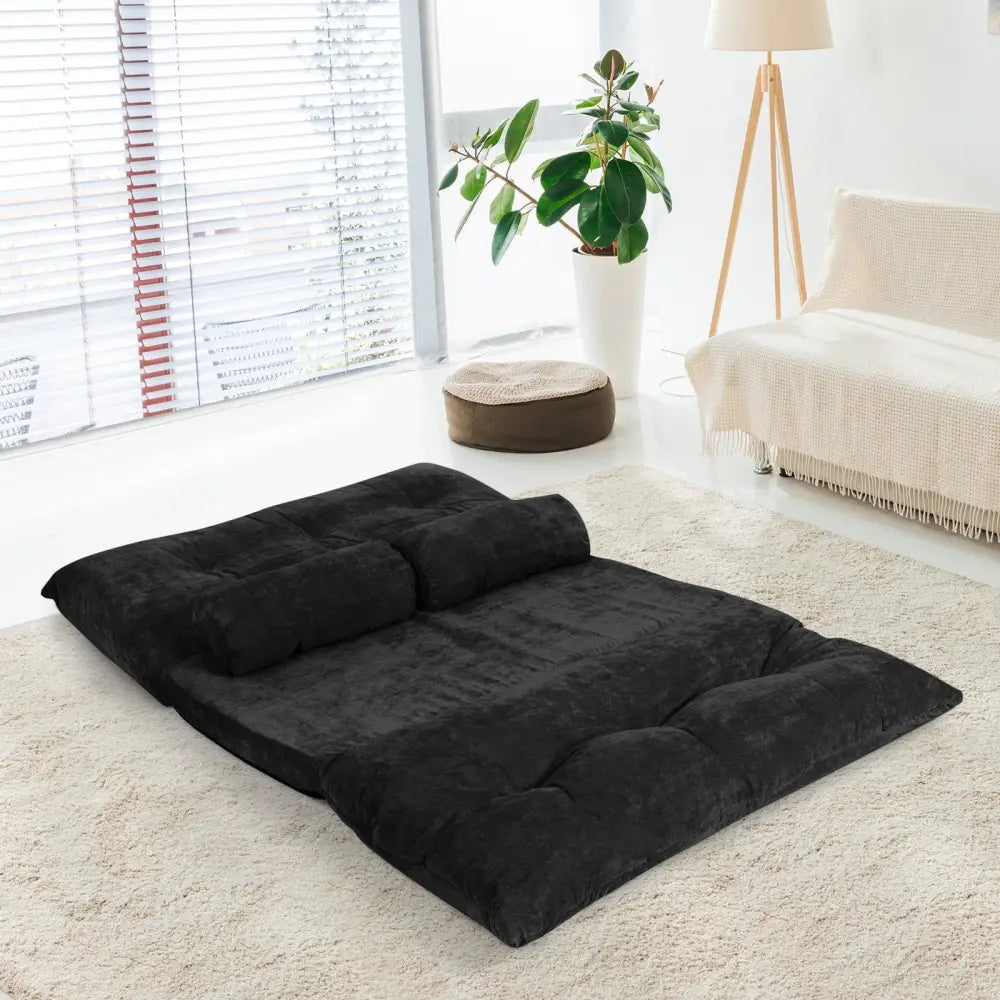 6-Position Adjustable Sleeper Lounge Couch with 2 Pillows-Black - Black - Floor Chairs