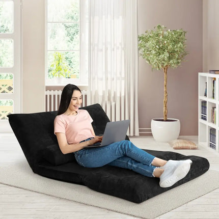 6-Position Adjustable Sleeper Lounge Couch with 2 Pillows-Black - Black - Floor Chairs
