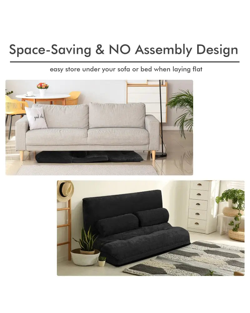 6-Position Adjustable Sleeper Lounge Couch with 2 Pillows-Black - Black - Floor Chairs