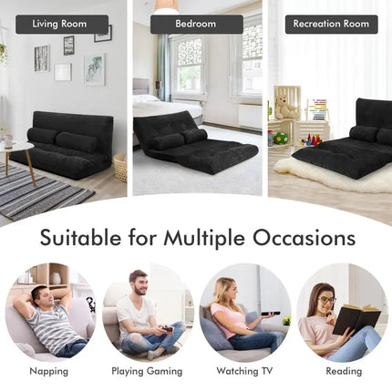 6-Position Adjustable Sleeper Lounge Couch with 2 Pillows-Black - Black - Floor Chairs