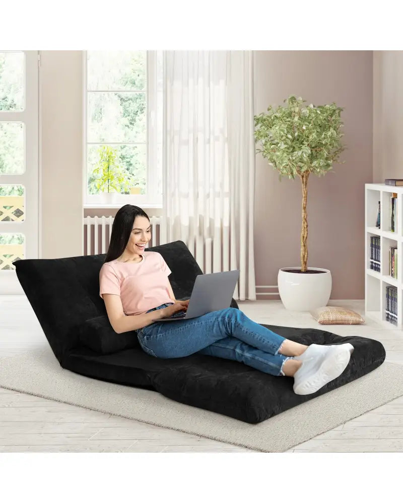6-Position Adjustable Sleeper Lounge Couch with 2 Pillows-Black - Black - Floor Chairs