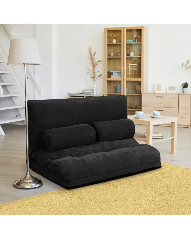 6-Position Adjustable Sleeper Lounge Couch with 2 Pillows-Black - Black - Floor Chairs