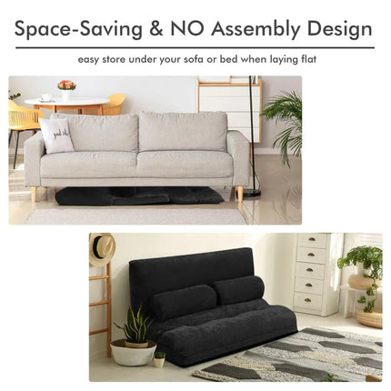 6-Position Adjustable Sleeper Lounge Couch with 2 Pillows-Black - Black - Floor Chairs