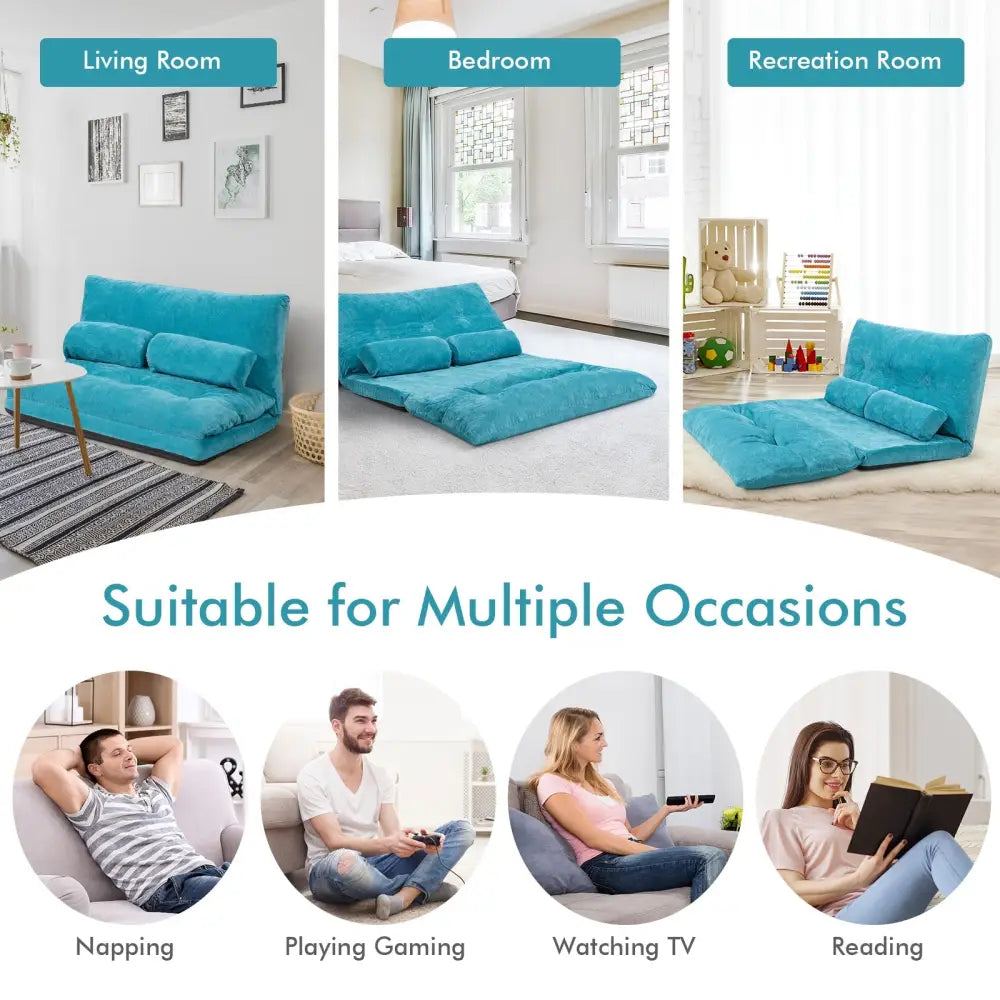 6-Position Adjustable Sleeper Lounge Couch with 2 Pillows-Blue - Blue - Floor Chairs