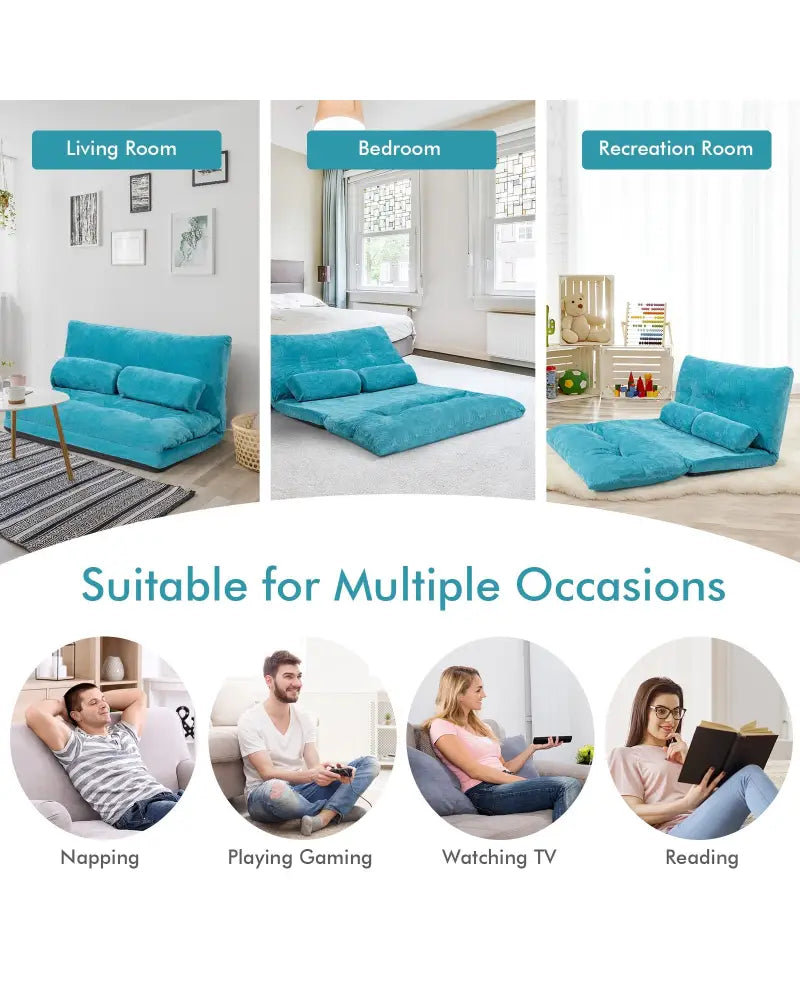 6-Position Adjustable Sleeper Lounge Couch with 2 Pillows-Blue - Blue - Floor Chairs