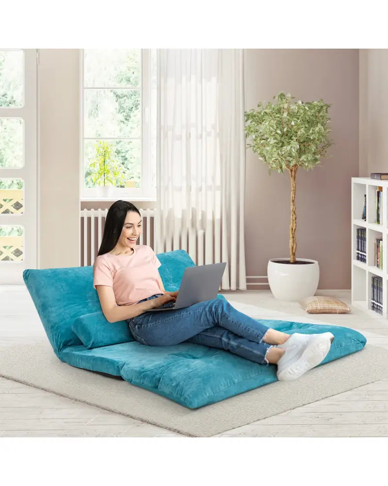 6-Position Adjustable Sleeper Lounge Couch with 2 Pillows-Blue - Blue - Floor Chairs
